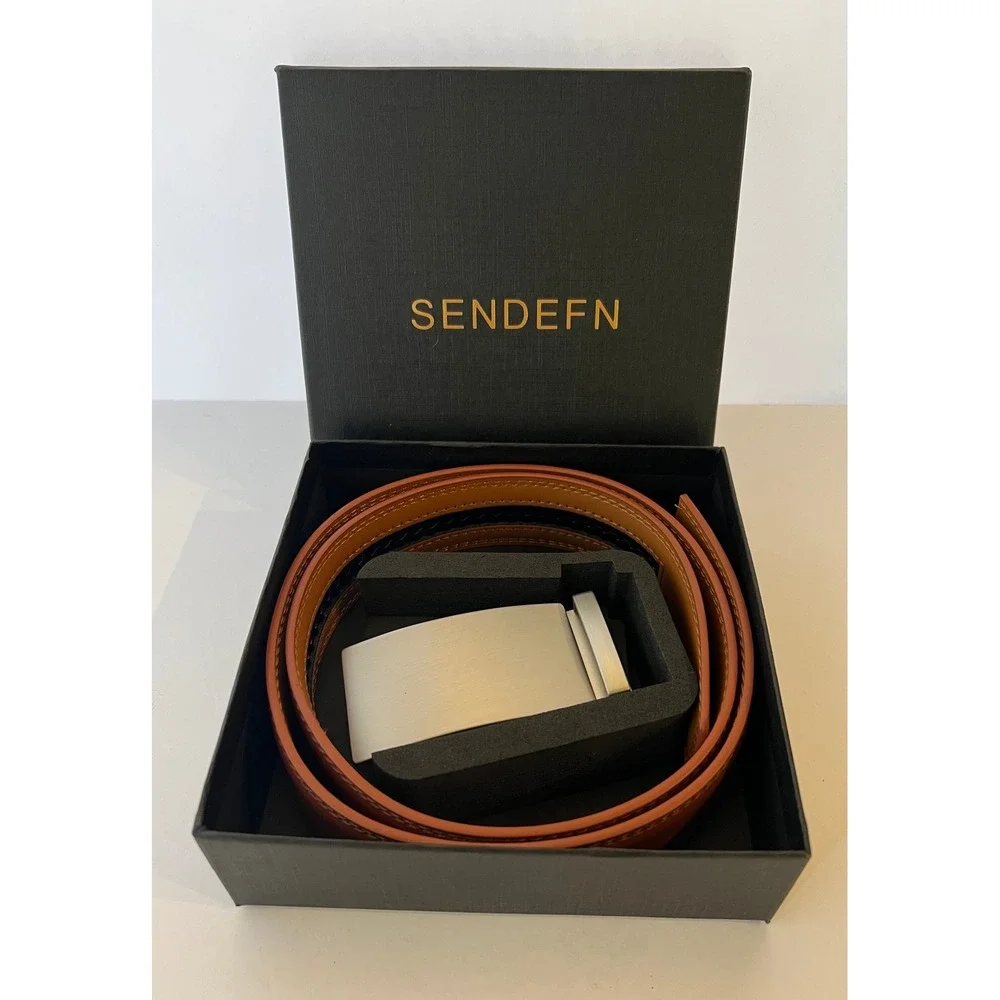 SENDEFN Mens Ratchet Belt Brown Leather Brushed Silver Automatic Slide Buckle